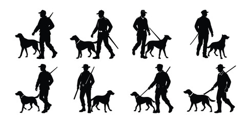 Vector set of a police man with dog. Silhouettes of officer with hunting dog.
