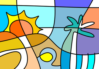 Colorful modern cubism style illustration of a tropical beach during summer. 