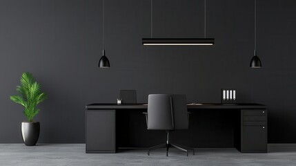 Monochrome luxury office space with matte black furniture and sleek LED lighting, modern elegance