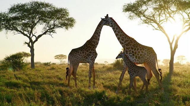 A mother giraffe walking slowly with her baby through a lush tropical fores