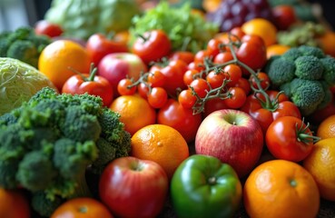 Fresh organic fruits vegetables mix. Healthy eating. Reduce food waste concept. Ripe apples, tomatoes, oranges, broccoli, grapes. Balanced nutrition. Stop wasting food, saving planet, promoting