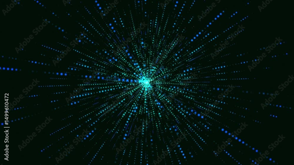 Poster abstract animation with a radial distribution of glowing blue and green dots on a dark background. t