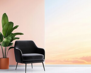 Fototapeta premium Highceiling living room with velvet furniture and panoramic windows, elegant renovation style