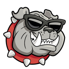 Cartoon illustration of smiling bulldog head in sunglasses on white background