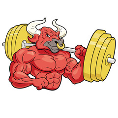 Cartoon illustration of muscular bull holding barbell on white background