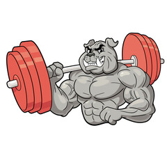 Cartoon illustration of muscular bulldog holding barbell on white background