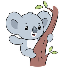 Cartoon illustration of cute little koala climbing a branch