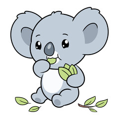 Cartoon illustration of cute little koala eating eucalyptus leaves