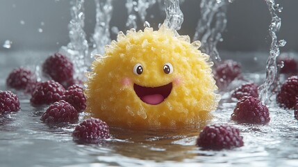 A cheerful yellow sponge with a happy face, surrounded by raspberries and water splashes