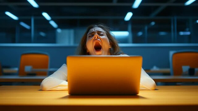 Tired Woman Yawning at Laptop in Office at Night