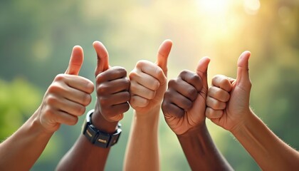 Multiethnic hands with thumbs up on bright background, symbolizing teamwork and success. Diversity in cooperation. Affirmation, endorsement, agreement, mutual progress, and positive community feel.