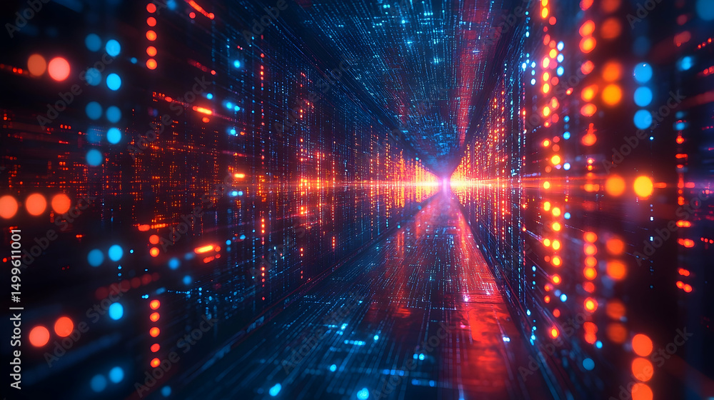 Aufkleber digital tunnel with vibrant glowing data streams.