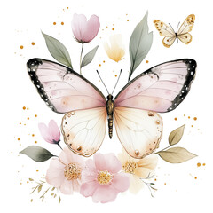 Png butterfly boho floral watercolor illustration