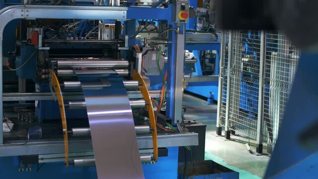 Industrial heavy-duty machine factory unrolling a shaping metal steel coil for processing into sheets, showing industrial automation and manufacturing efficiency