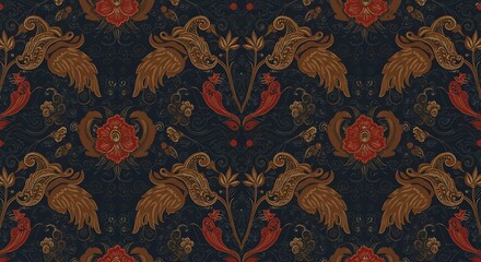 Fototapeta premium Traditional Indonesian batik pattern with bird and floral motifs in seamless vector design