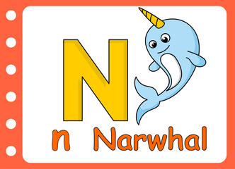 letter n for cute narwhal  . kids education game learning