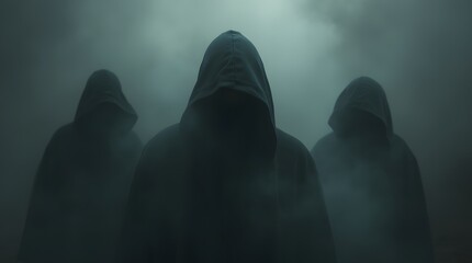 Mysterious figures in hooded cloaks emerge from dense fog at night