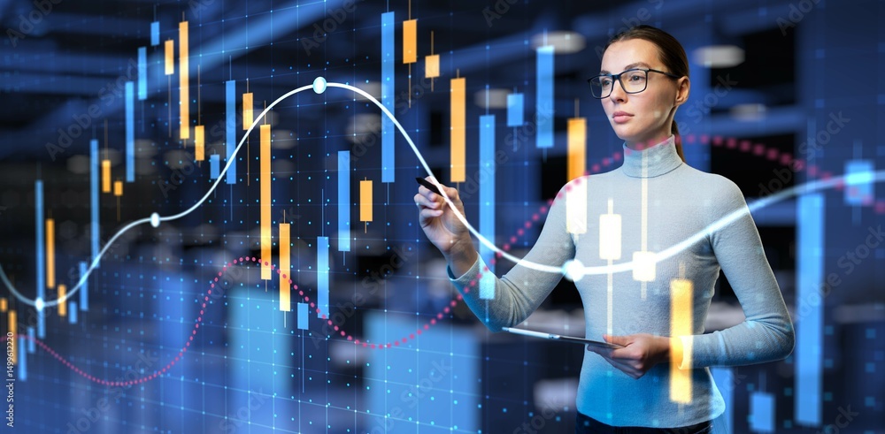 Poster advanced data analysis with financial trends visualized by technology expert.