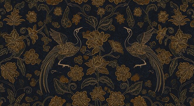 Traditional Indonesian batik pattern with bird and floral motifs in seamless vector design