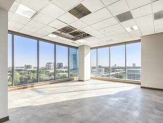 high end virtual staging of empty office with large glass windows