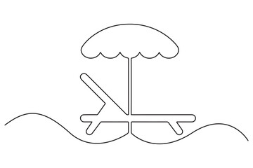 Continuous Line Drawing of Summer beach sunbed, Single line art sea umbrella and chair Vector Illustration
