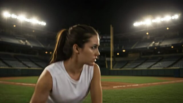 a talented female baseball player with a sports stadium background