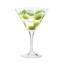 Fototapeta premium Martini Refreshment: An alluring studio shot featuring a classic martini, complete with olives, ice cubes, and a refreshing mint garnish, all encased in a crystal-clear glass.