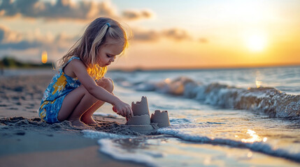 A child building a sandcastle at the beach during sunset.