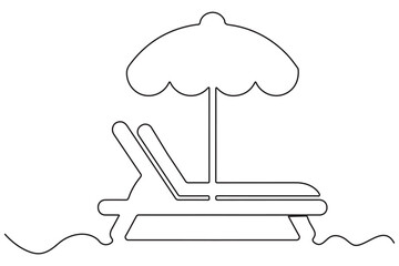 Continuous Line Drawing of Summer beach sunbed, Single line art sea umbrella and chair Vector Illustration
