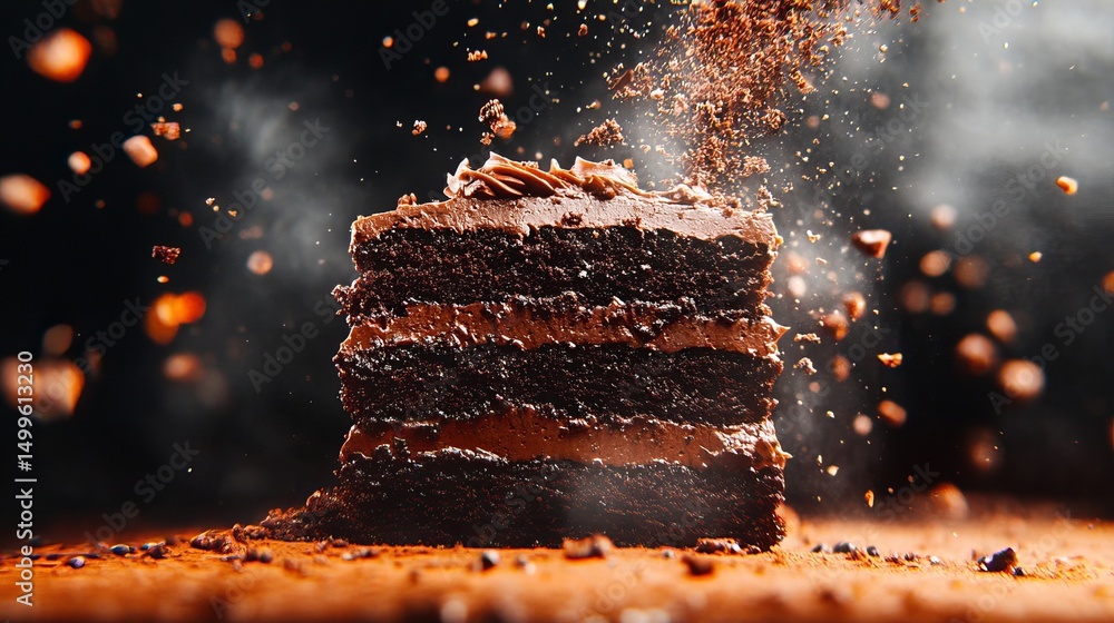 Poster chocolate cake slice stands on a textured surface with crumbs falling from above against a dark back
