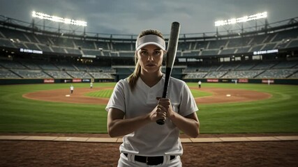 a talented female baseball player with a sports stadium background - Powered by Adobe