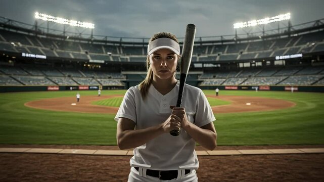 a talented female baseball player with a sports stadium background