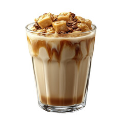 Delicious caramel coffee frappe recipe with toppings and coffee beans on transparent background