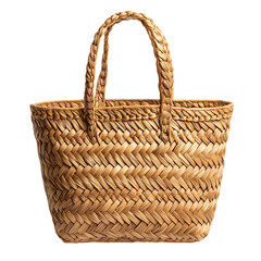 Rustic Straw Tote Bag with Authentic Woven Finish Isolated on Transparent Background
