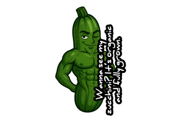 "Wanna See My Zucchini? It’s Organic and Fully Grown – Funny Muscular Cartoon Vegetable with Flirty Expression, Anthropomorphic Zucchini with Abs on White Background for Vegan Humor Concepts"
