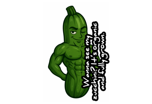 "Wanna See My Zucchini? It’s Organic and Fully Grown – Funny Muscular Cartoon Vegetable with Flirty Expression, Anthropomorphic Zucchini with Abs on White Background for Vegan Humor Concepts"