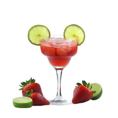 Strawberry margarita cocktail recipe summer drink with lime and strawberries on transparent background