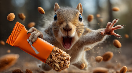 Squirrel holding a bright snack bar wrapper with nuts flying around