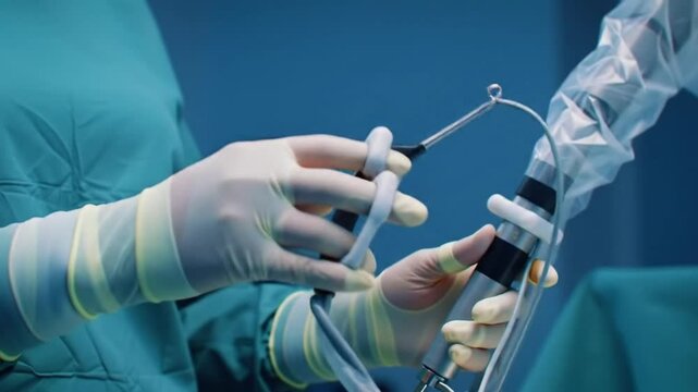 Surgeon performing laparoscopic surgery using advanced medical equipment in a sterile operating room.