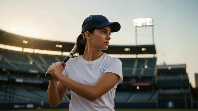 a talented female baseball player with a sports stadium background - Powered by Adobe