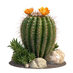 Vibrant Cactus with Orange Flowers Surrounded by Green Succulents and Natural Stones on White Background transparent background png
