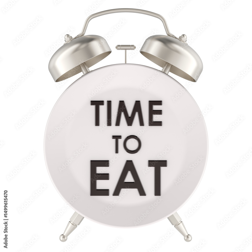 Poster dinner plate as alarm clock with time to eat message. 3d rendering isolated on transparent backgroun