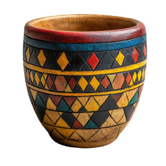 Explore unique tribal pattern wooden pot handcrafted home decor object on transparent background