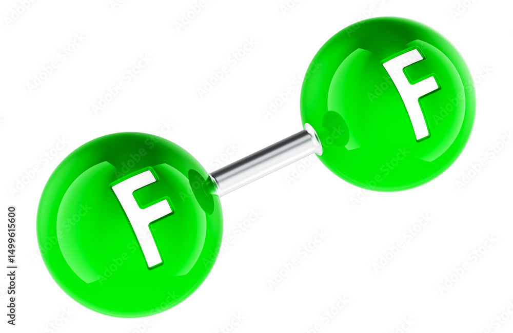 Poster fluorine molecule f2, 3d atomic model. 3d rendering isolated on transparent background