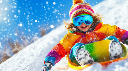 A joyful child sledding down a snowy hill in colorful winter attire.
