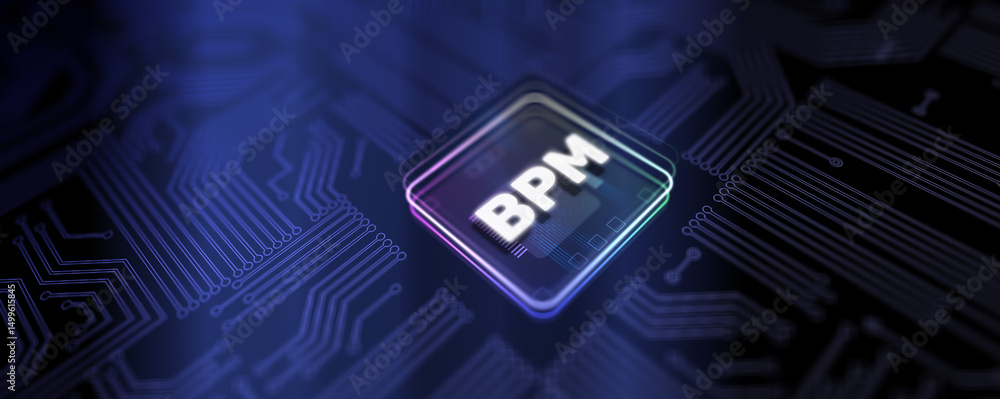 Poster bpm business process management optimizing workflow efficiency illustrated on a processor, business 