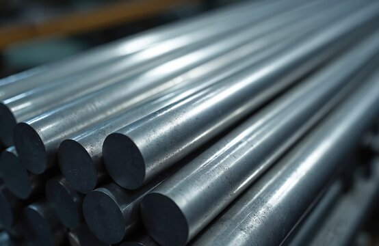 Stacks of titanium metal rods in production. Industrial material element, for aerospace, construction, medical, tech innovations. Durable, corrosion-resistant, essential metal resource for modern