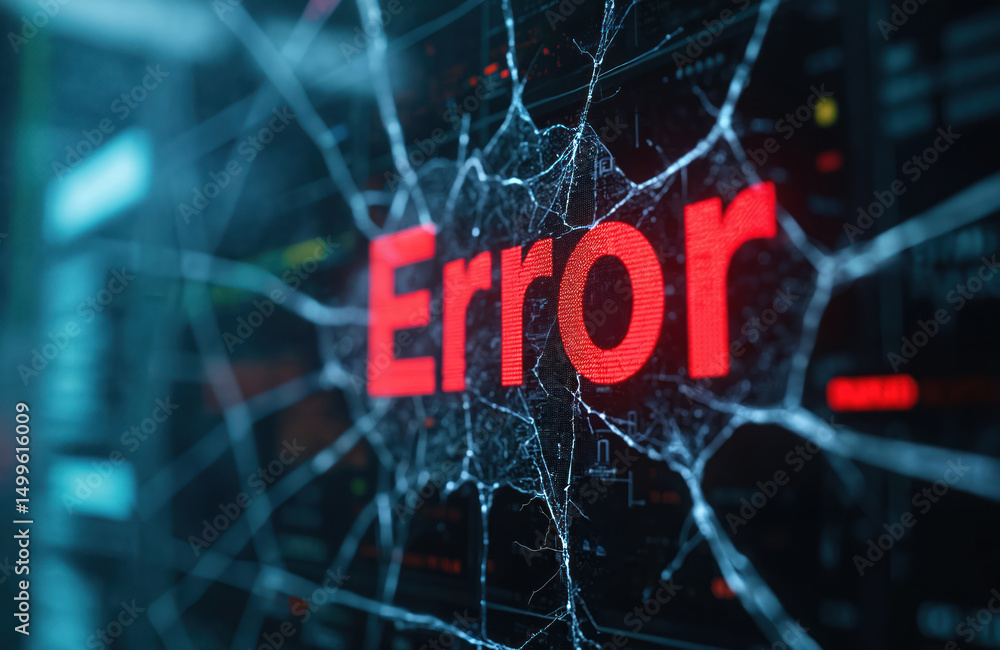 Poster red error message on cracked screen. system failure, data breach, or tech problem. computer system c