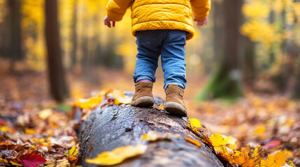 A child explores a vibrant autumn forest on a fallen log.