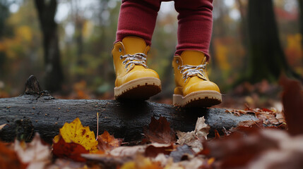 A child's yellow boots stepping on a log amidst colorful autumn leaves.
